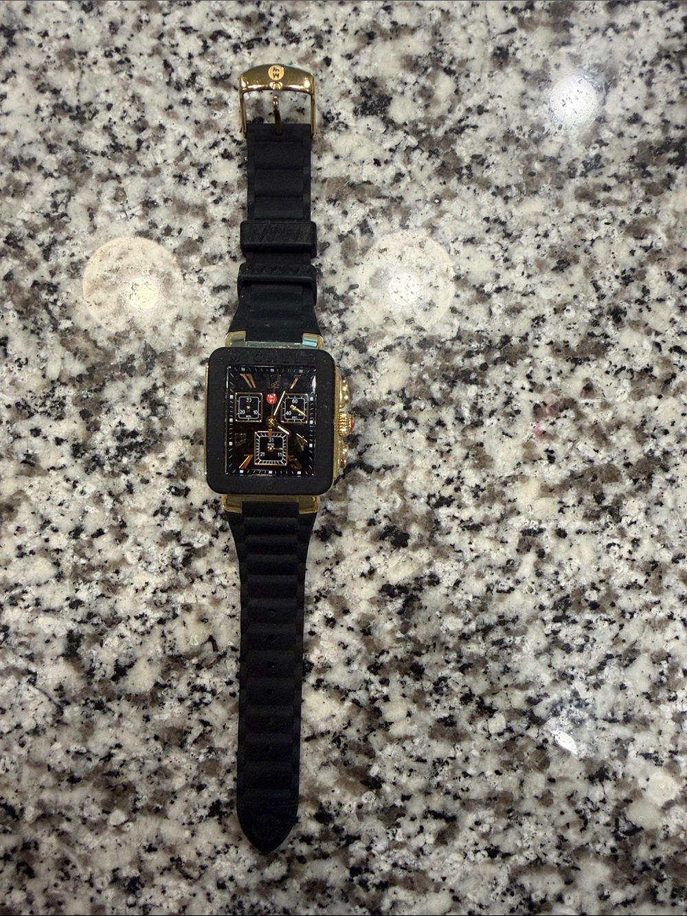 Michele Black Silicone Band Watch with Gold-Tone Square Case